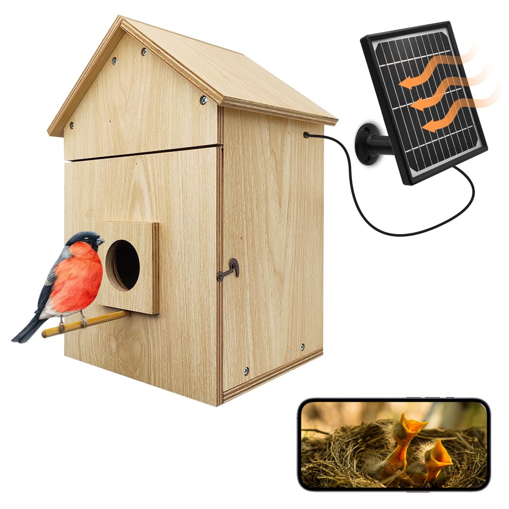 Bird House with WiFi Camera Solar Powered for Wireless Outdoors, HD View Nesting & Hatching, Box House for Bluebird Swallow Wren Chickadee, PIR Detection, SD Card & Cloud Storage, IR Night Vision IP65 Topodome