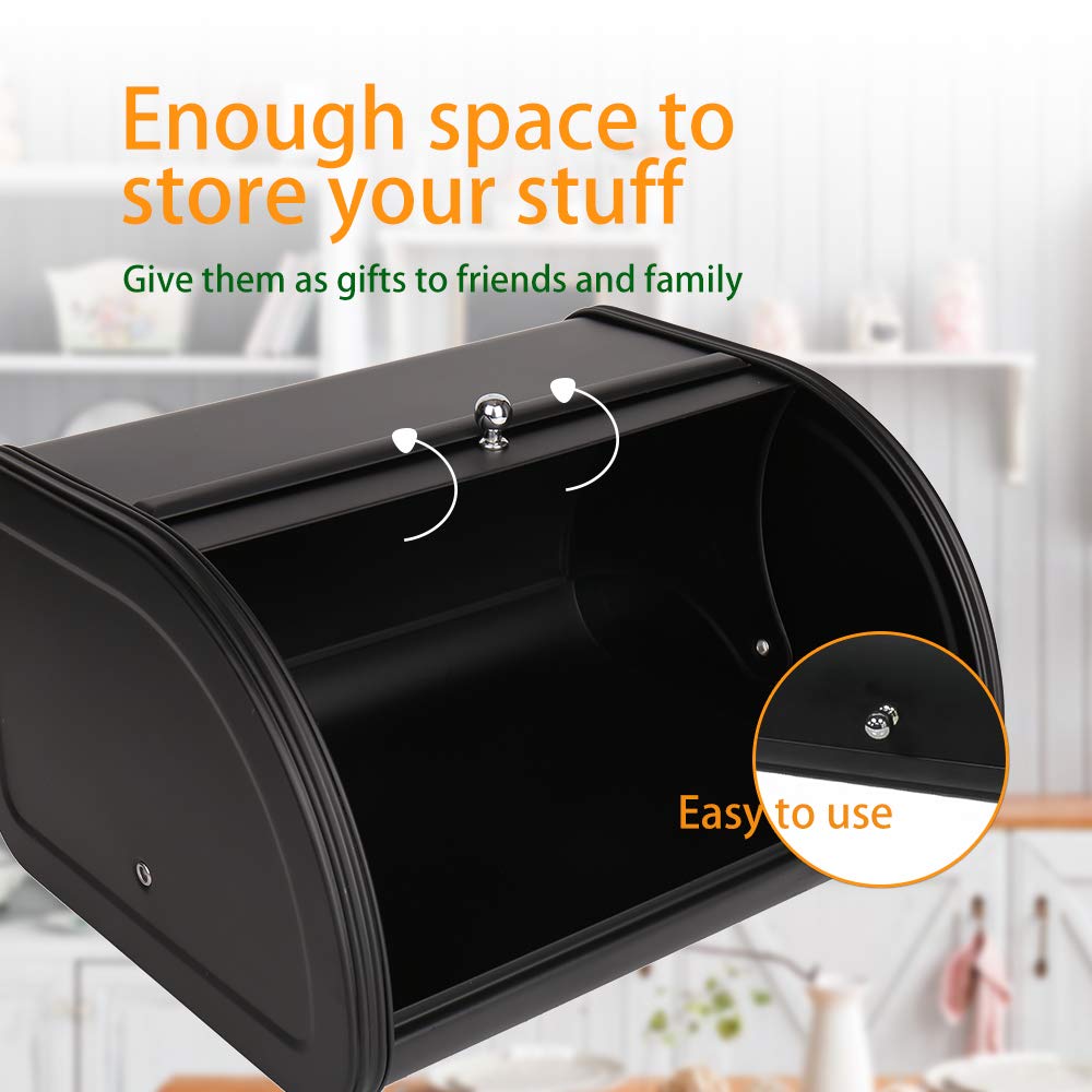 KL X458 Metal Bread Box/Bin/kitchen Storage Containers with Roll Top Lid (Black) KL