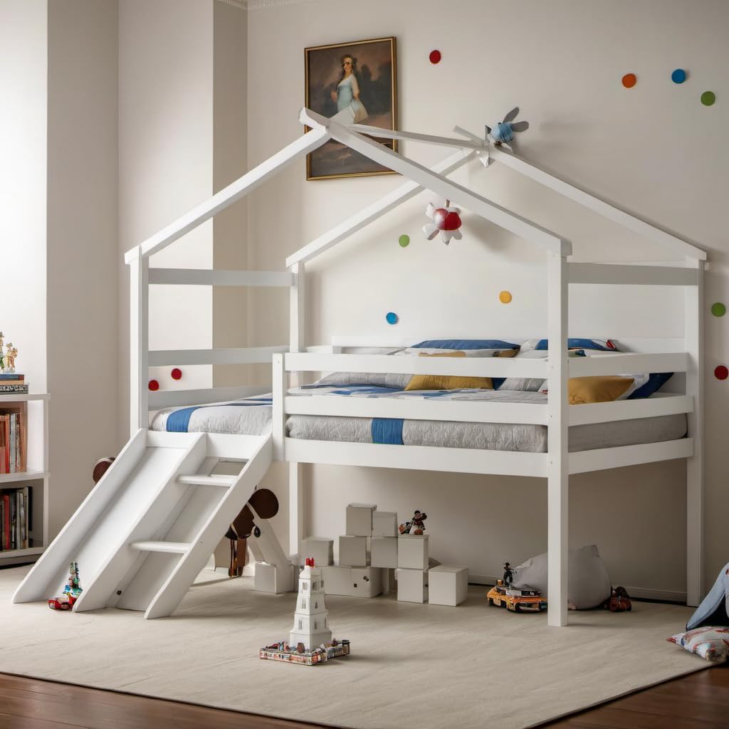 PVWIIK Twin Size Low Loft Bed with Slide for Kids,Girls,Boys Bedroom,Wood House Roof Frame with Inclined Ladder,Easy to Assemble,Under Bed Storage,No Box Spring Needed,White PVWIIK