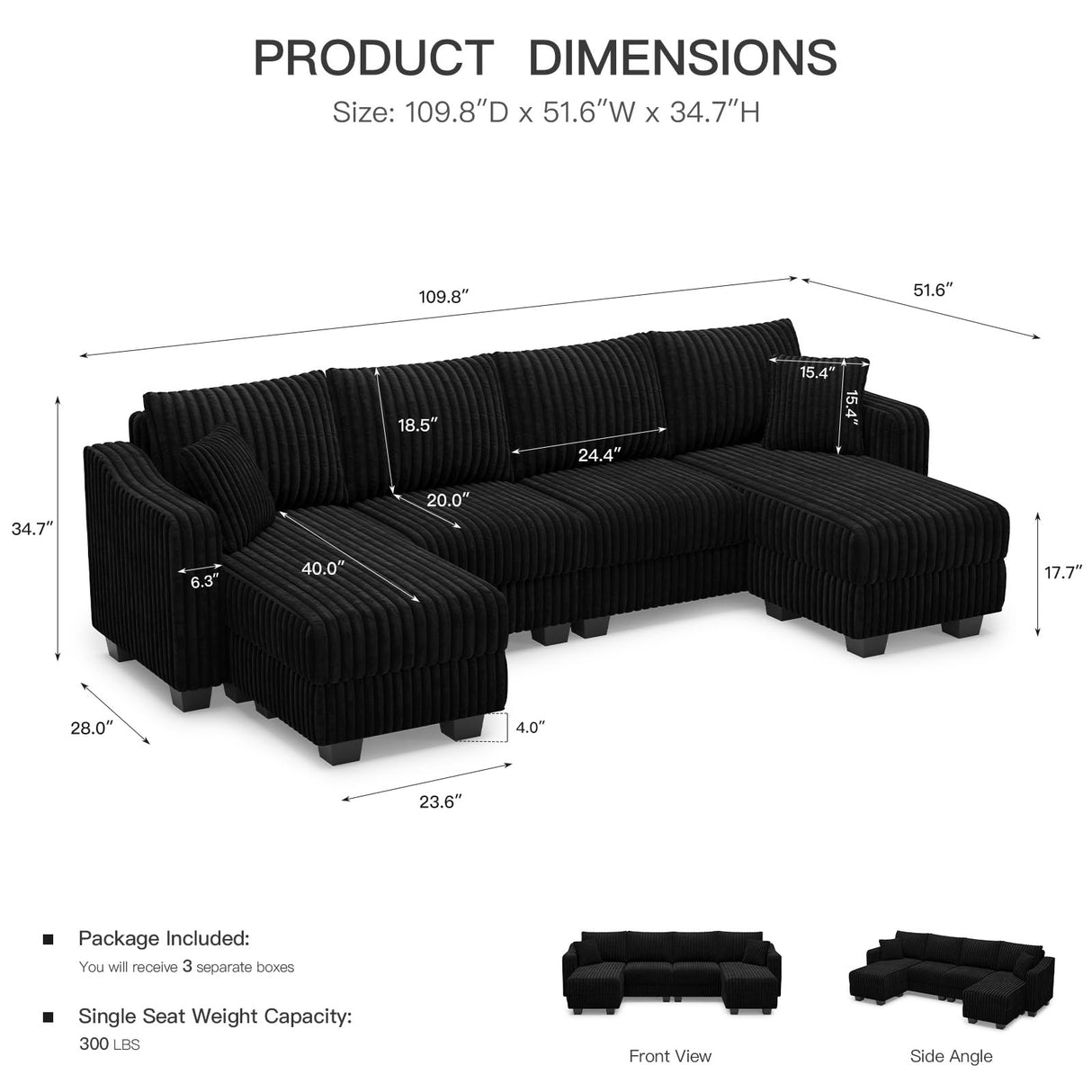 Belffin U Shaped Couch with Reversible Chaises Sectional Couches for Living Room Sectional Couch with Ottomans Corduroy (Black, U Shaped) Belffin