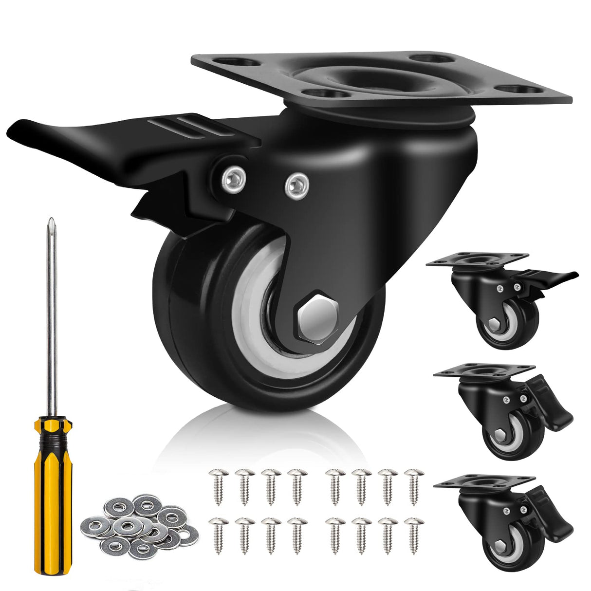 QNCZ 2" Caster Wheels, Casters Set of 4 Heavy Duty but Silent, Excellent Locking Casters with Polyurethane (PU) Wheels, Swivel Plate Castor Wheels for Cart, Furniture, Workbench QNCZ