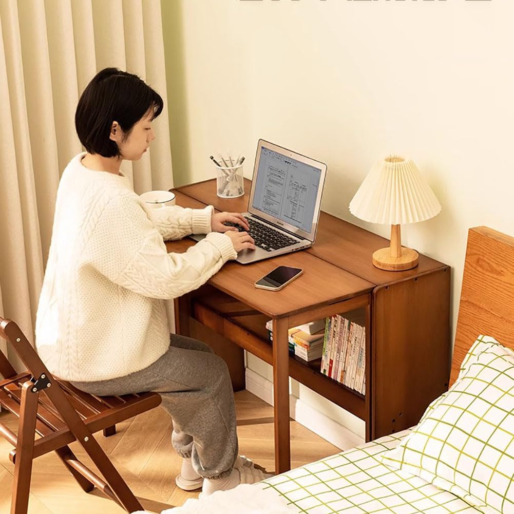 RIVINE Foldable Side Desk Small Space Desk Wood Desk with Storage Shelf Computer Office Desk Bedroom Sofa Side Table(103 * 54cm, Walnut) RIVINE