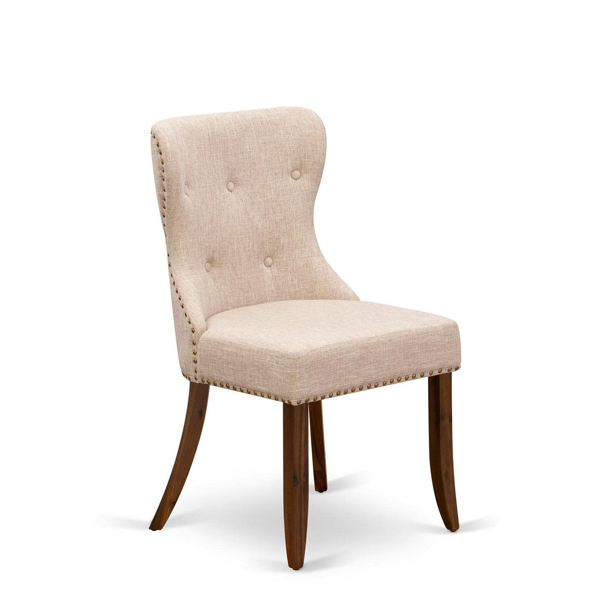 East West Furniture SIP8T04 Sion Parsons Dining Chairs - Button Tufted Nailhead Trim Light Tan Linen Fabric Upholstered Chairs, Set of 2, Walnut East West Furniture