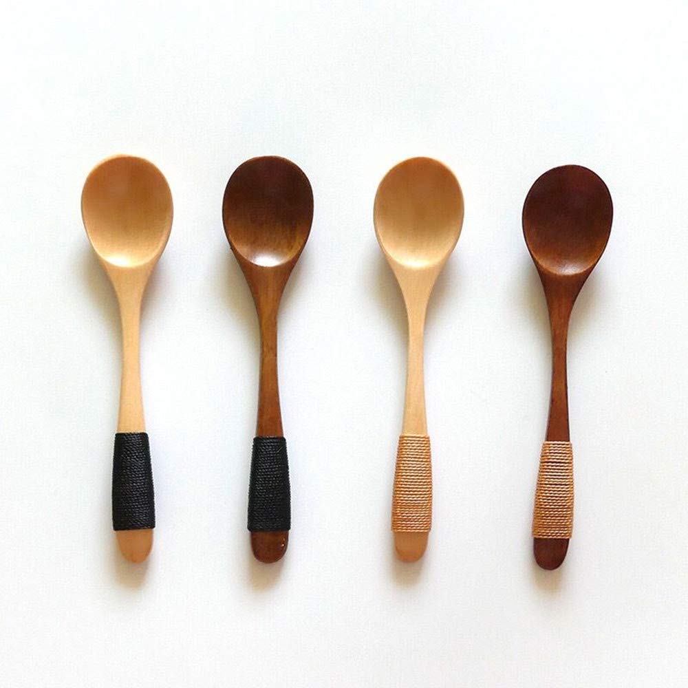 sansheng 4 Pcs Mini Wooden Spoons, Wood Soup Spoons For Eating Mixing Stirring Cooking, Handle Spoon With Japanese Style Kitchen Utensil, With Tied Line On Handle(13cm) sansheng