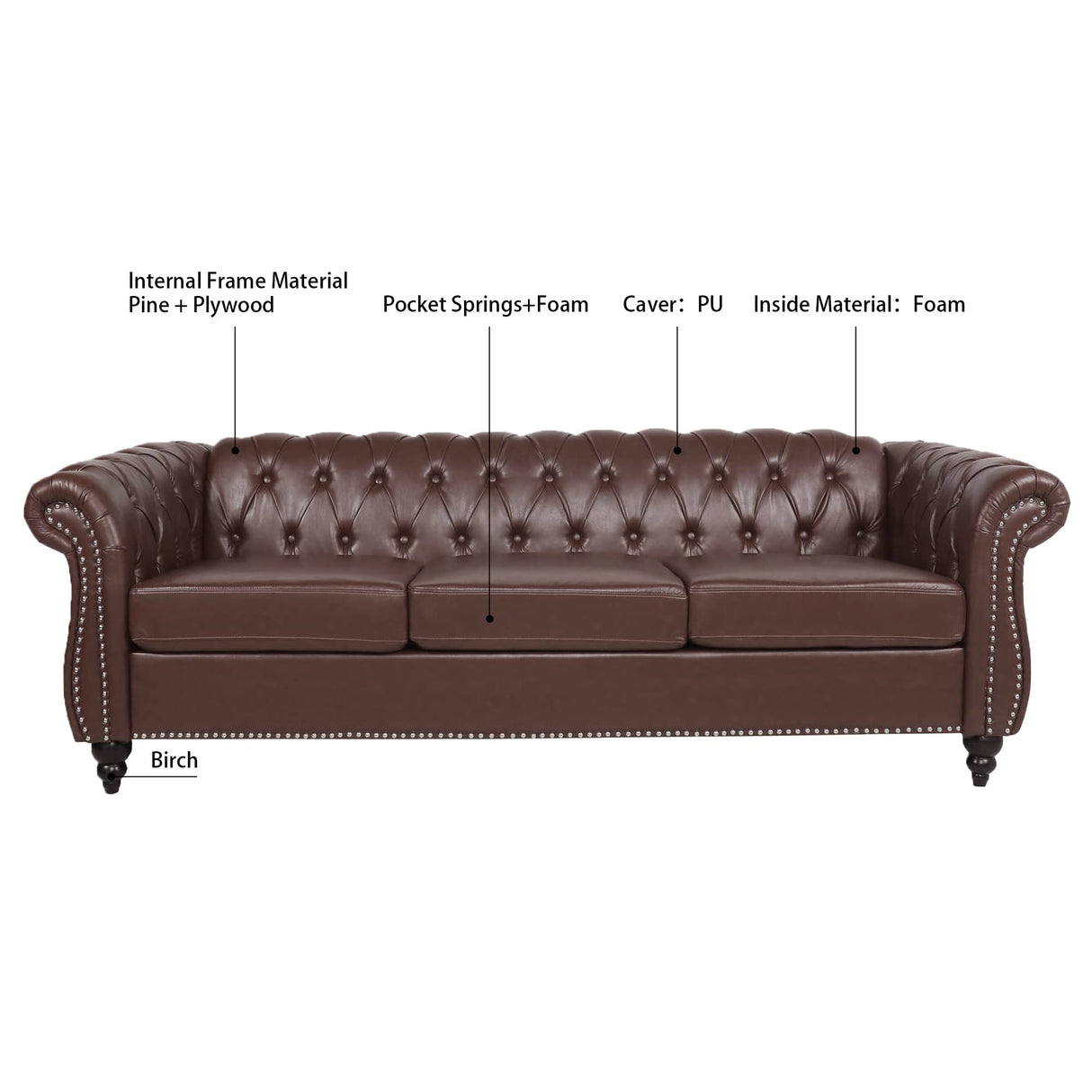 CLUBKNIGHT Modern Chesterfield Sofa Three Seater Couch,Faux Leather Couch with Rolled Arms,Comfy Couches for Living Room,Office,Reception Room(Brown) CLUBKNIGHT