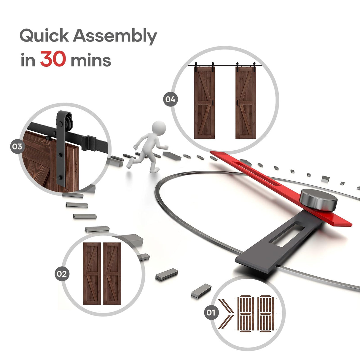 ROYMELO 48x84 inch (Double 24×84 inch Door) Sliding Barn Wood Door Slab with 8ft Hardware Kit and Handle, Coffee, K Shape, Simple DIY Assembly ROYMELO
