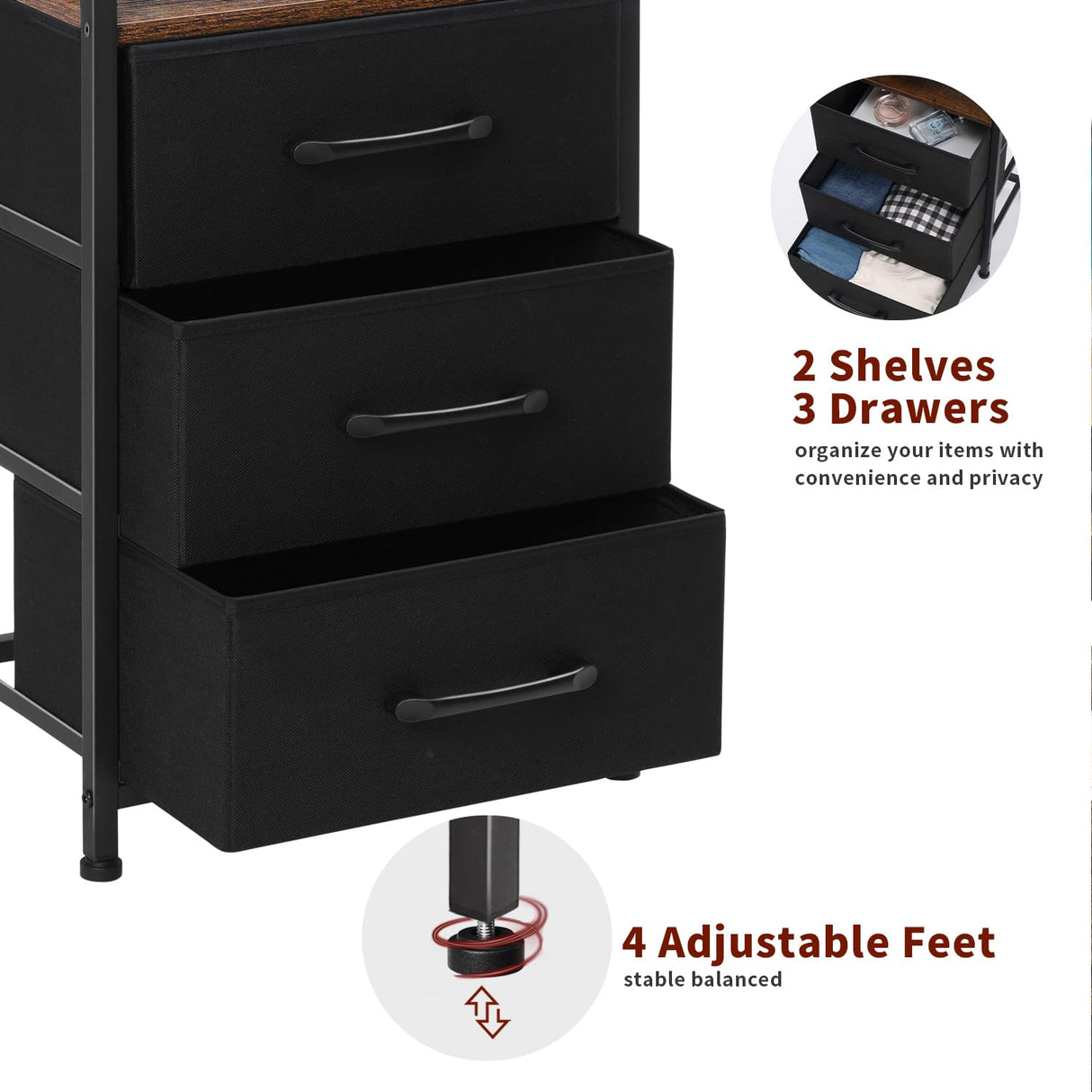 LAKEMID Night Stand Set 2 with Charging Station, Nightstands Set of 2 with 20 Colors LED Light Strip 3 Drawers, Side Tables Bedroom End Table with USB ports and Outlets for Living Room (Rustic Brown) LAKEMID