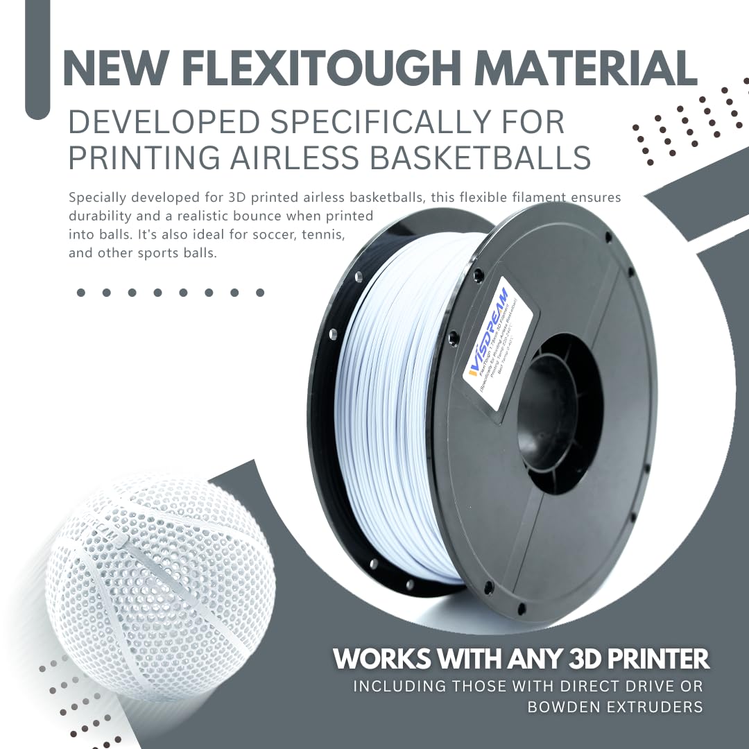 WISDREAM FlexiTough Flexible Filament Developed Specifically for Printing Airless Basketballs,1.75mm,1KG (2.2lbs),Compatible with Most FDM Printers,White WISDREAM