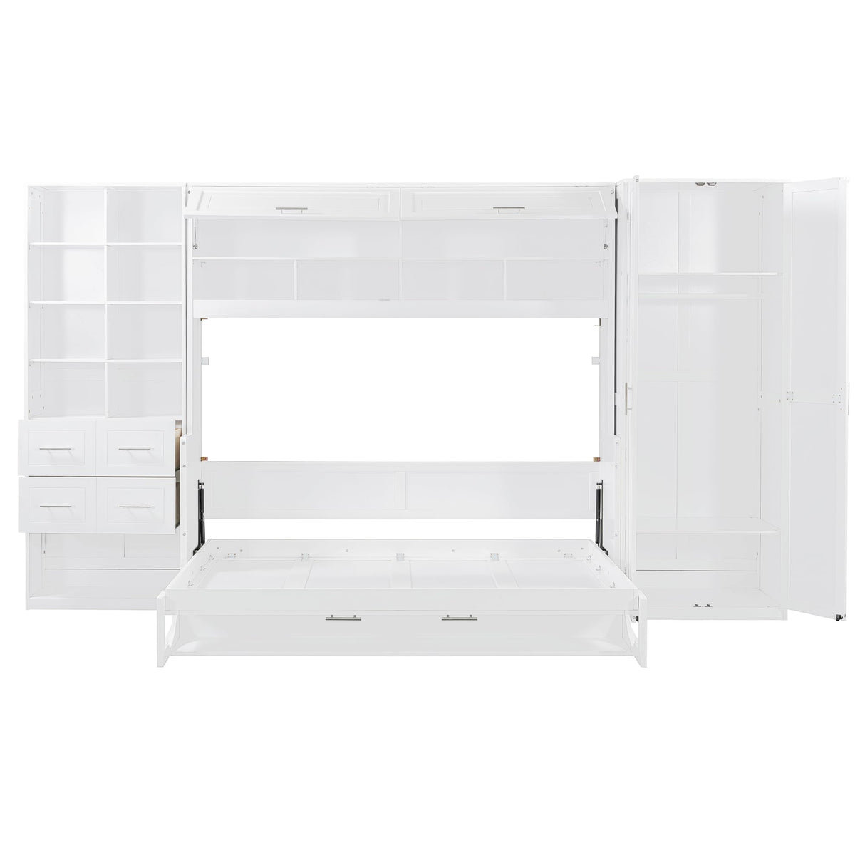 SOFTSEA Full Size Murphy Bed with Desk, Horizontal Murphy Bed with Storage Wardrobe Drawers and Shelves, Hidden Wall Bedframe for Guest Room, Bedroom, Office, White SOFTSEA