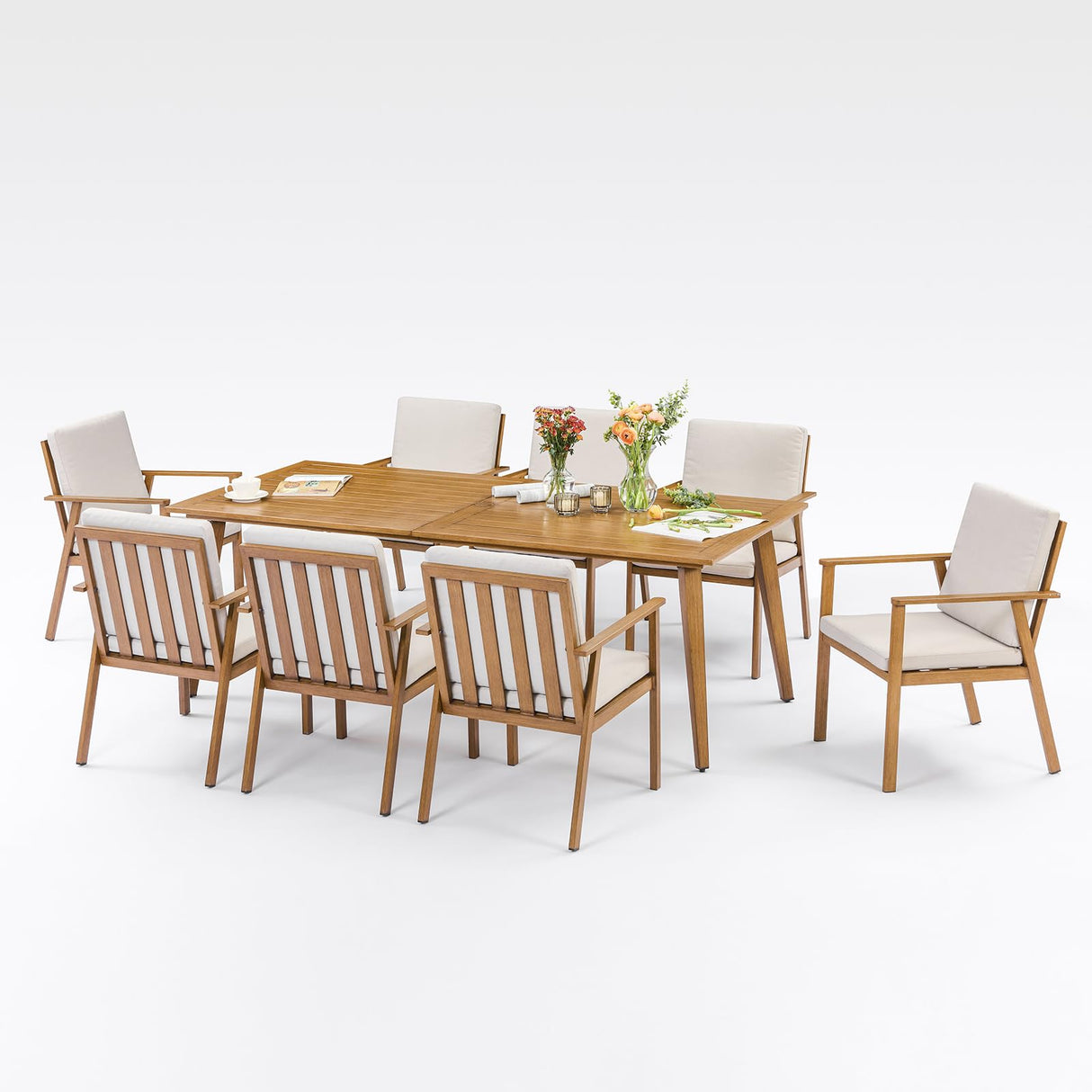 SEEHILL 9 Pieces Patio Dining Set for 8, Outdoor Aluminum Dining Furniture Set with Umbrella Hole, Modern All-Weather Outdoor Patio Table Sets with 8 Chairs and Table for Deck Garden Poolside, Teak SEEHILL