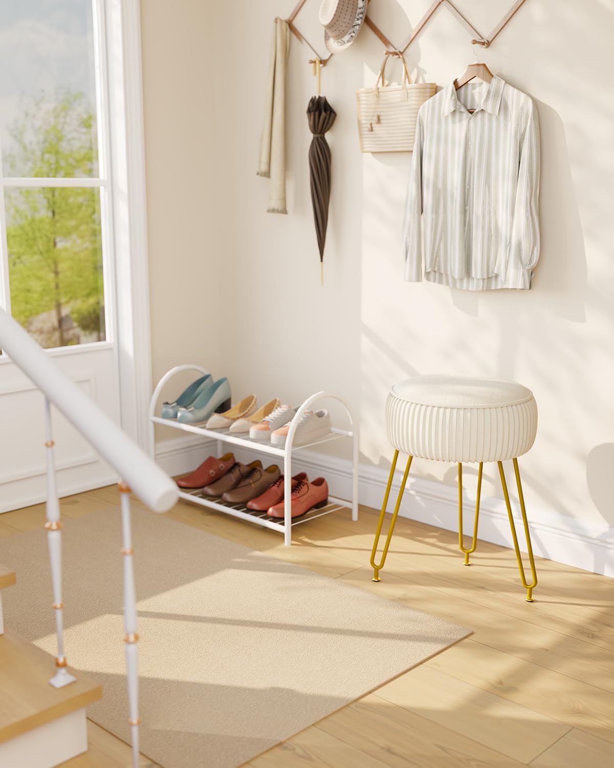 IBUYKE Velvet Round Footrest Stool Ottoman, Makeup Vanity Stool Side Table, Velvet Dressing Table Seat, Pouf Couch Stool, Golden Steel Legs, Creamy-White LG-30M IBUYKE