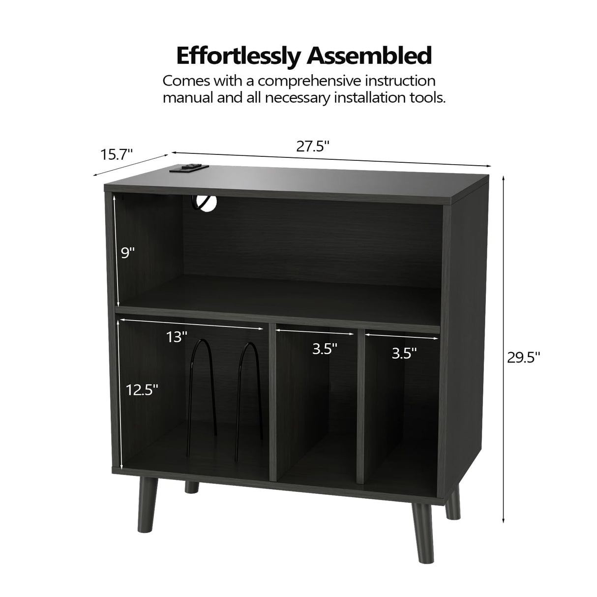 VINGLI Record Player Stand with Open Vinyl Storage, Mid-Century Album Storage Table with LED Light up to 300 Albums, Vinyl Record Player Shelf with Power Outlet for Living Room, Black VINGLI