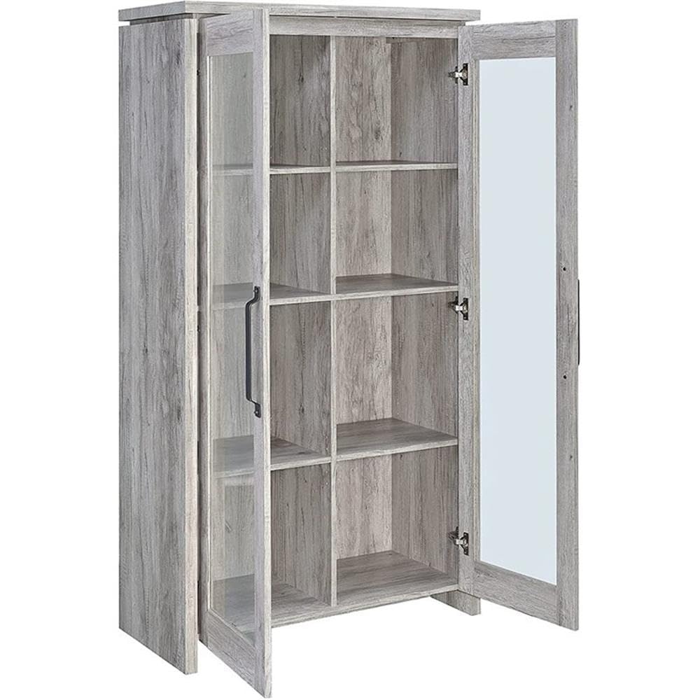 BOWERY HILL Traditional Glass Front 2 Door Wood Curio Display Cabinet in Grey Driftwood BOWERY HILL