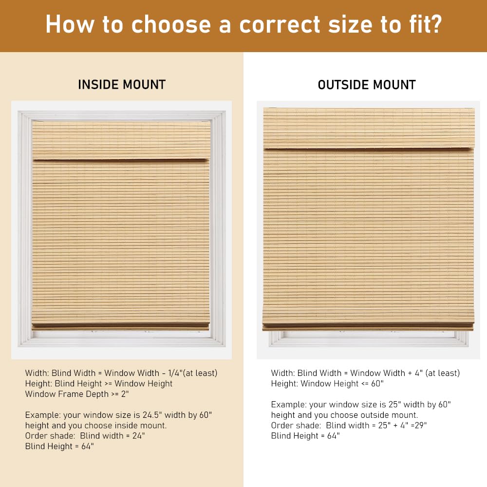 SEEYE Natural Cordless Bamboo Roman Shades - 95% Blackout Window Blinds for Home & Office, Easy Installation, 34" W x 64" H SEEYE