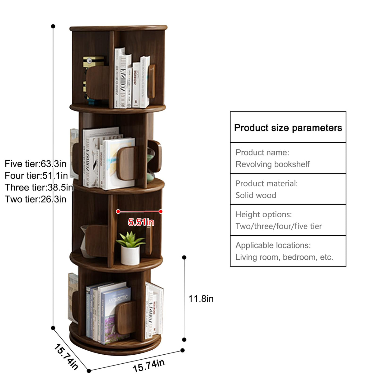 360° Rotating Solid Wood Bookshelf – 5 Tier Spinning Bookcase for Stylish Storage in Any Room LWQFHI