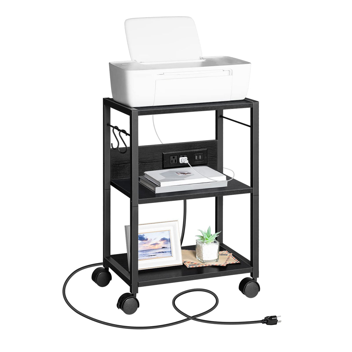MAHANCRIS Industrial Printer Cart, 3-Tier Mobile Printer Stand, Rolling Cart with Power Outlets and USB Ports, Home Printer Stand with 2 Hooks, for Office, Living Room, Black PTHB40E01 MAHANCRIS