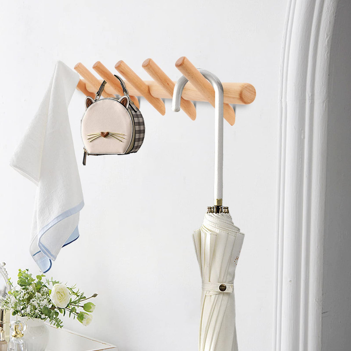 KYSMOTIC Modern Wood Coat and Hat Rack - Wall Mounted - 6 Peg Hooks - Stylish, Natural, Smooth KYSMOTIC