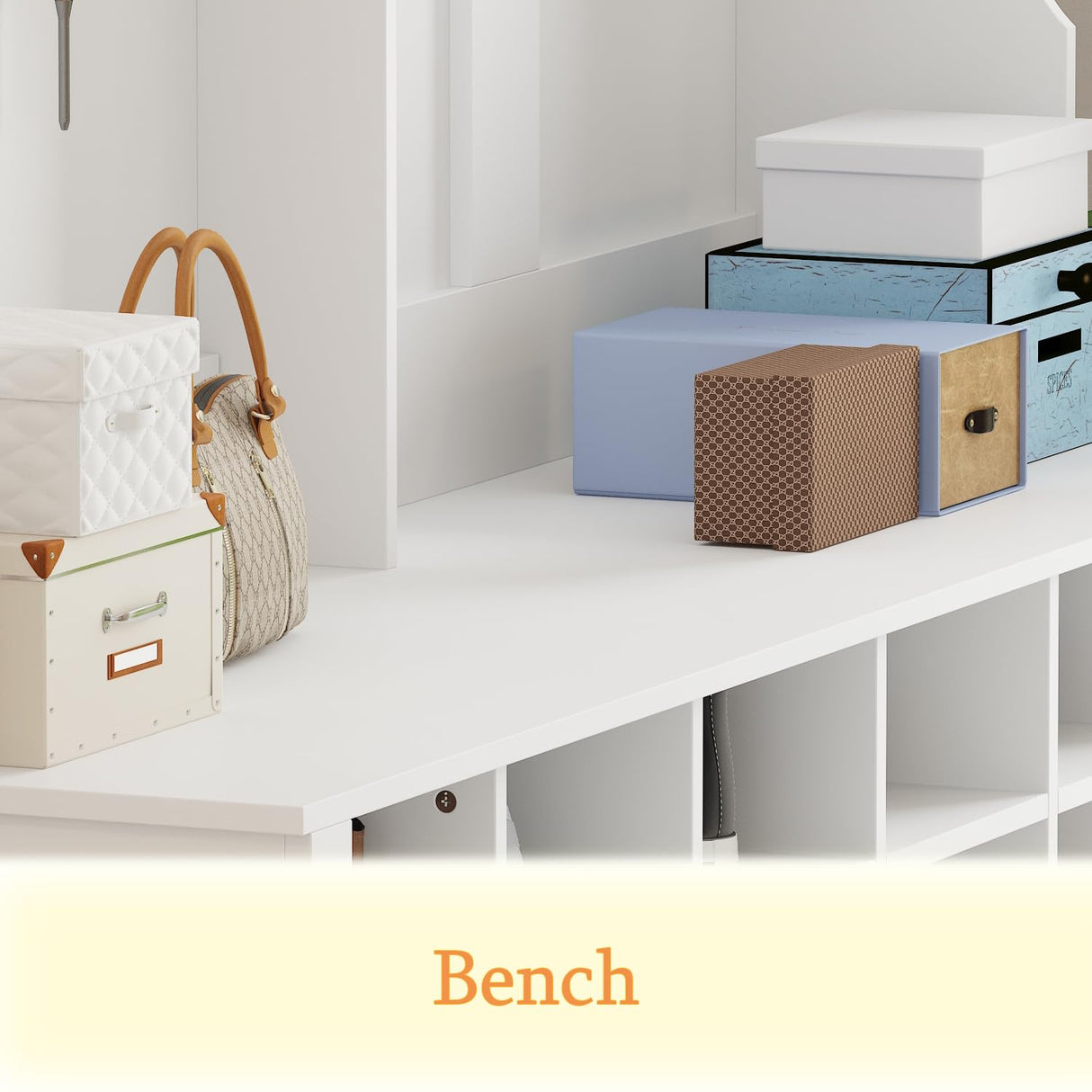 WOODTIME Extra Large Hall Tree with Bench and Shoe Storage, Multi-Purpose Entryway Bench with Coat Rack, Adjustable Shelves, 6 Double Hooks and 21 Open Compartments, White WOODTIME
