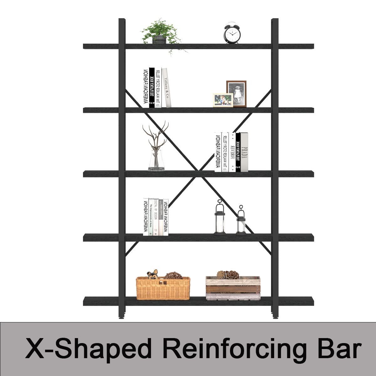 HSH 5 Tier Tall Black Bookshelf, Wood and Metal Storage Book Rack, Industrial Modern Etagere 5 Shelf Bookcase, Large Wide Open Display Book Shelf for Bedroom Living Room Office, Bookshelves Heavy Duty HSH