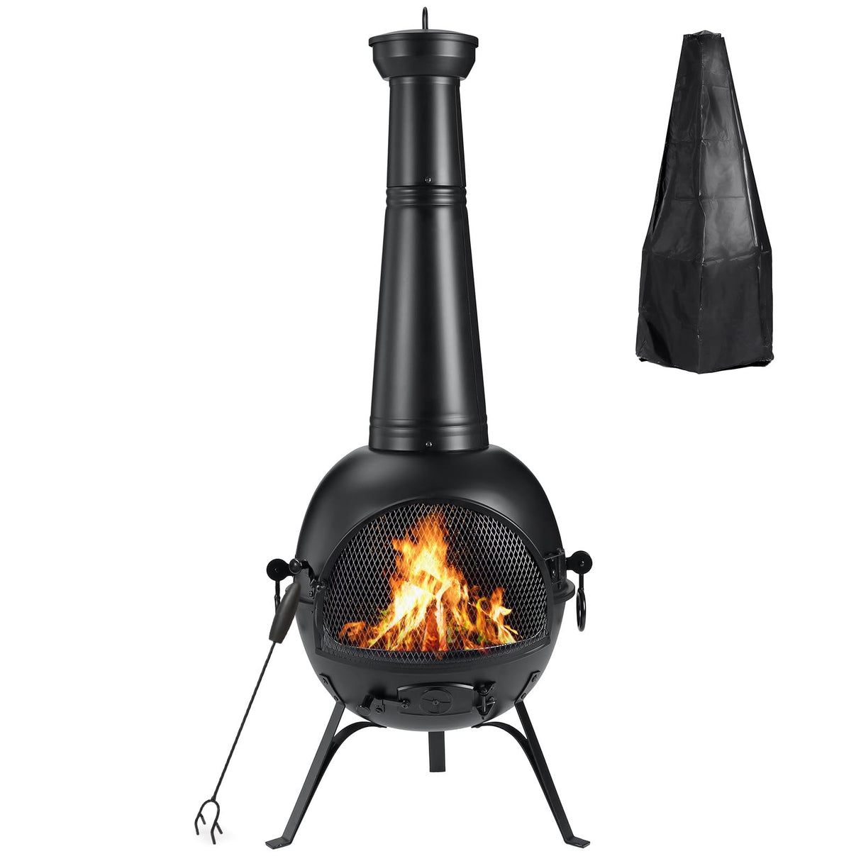 SINGLYFIRE Prairie Fire Outdoor Chiminea Fireplace Deck or Patio Backyard Wooden Fire Pit with Chiminea Cover Rust-Free Iron Black SINGLYFIRE
