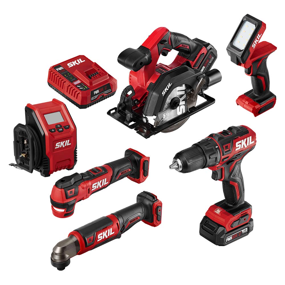 SKIL PWR CORE 12 Brushless 6-Tool Combo Kit, Included 4.0Ah Lithium Battery, 2.0Ah Lithium Battery and PWRJump Charger - CB7434-21 Skil