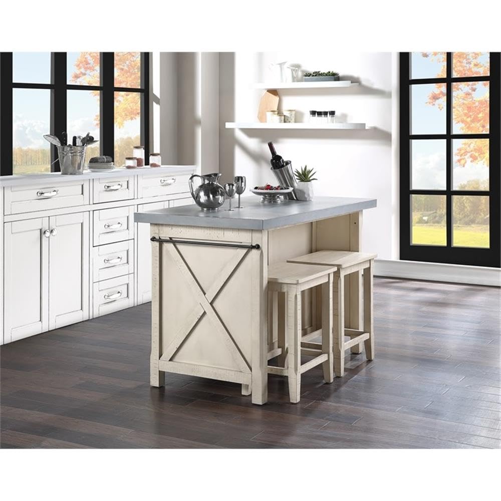 OSP Home Furnishings Nashville Kitchen Island with 2 Matching Stools, Cement Grey Top OSP Home Furnishings
