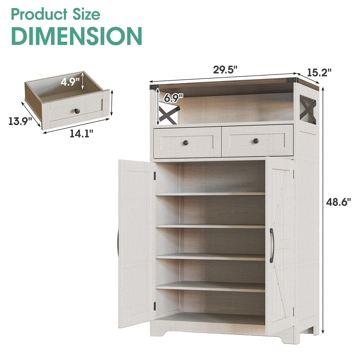 Maupvit 5-Tier Shoe Cabinet with Doors, Farmhouse Storage Cabinet with 2 Drawers & Adjustable Shelves, Shoe Cabinet Storage for Entryway,Wood Shoe Rack Organizer Cabinet for Living Room Foyer Hallway Maupvit