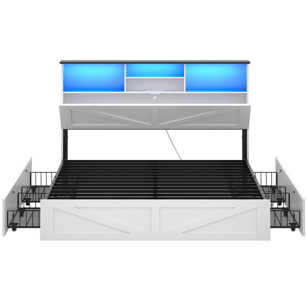 AOGLLATI Farmhouse Bed Frame Full Size with 4 Storage Drawers and Charging Station, Wooden Full Size Bed Frame with Hidden Space Bookcase Headboard and Led Lights & Metal Slats, White AOGLLATI