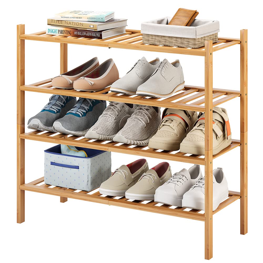 4-Tier Bamboo Shoe Rack for Entryway, Stackable | Heavy Duty | Multi-Function, Free Standing Shoe Racks for Bedroom Hallway Closet Furshus