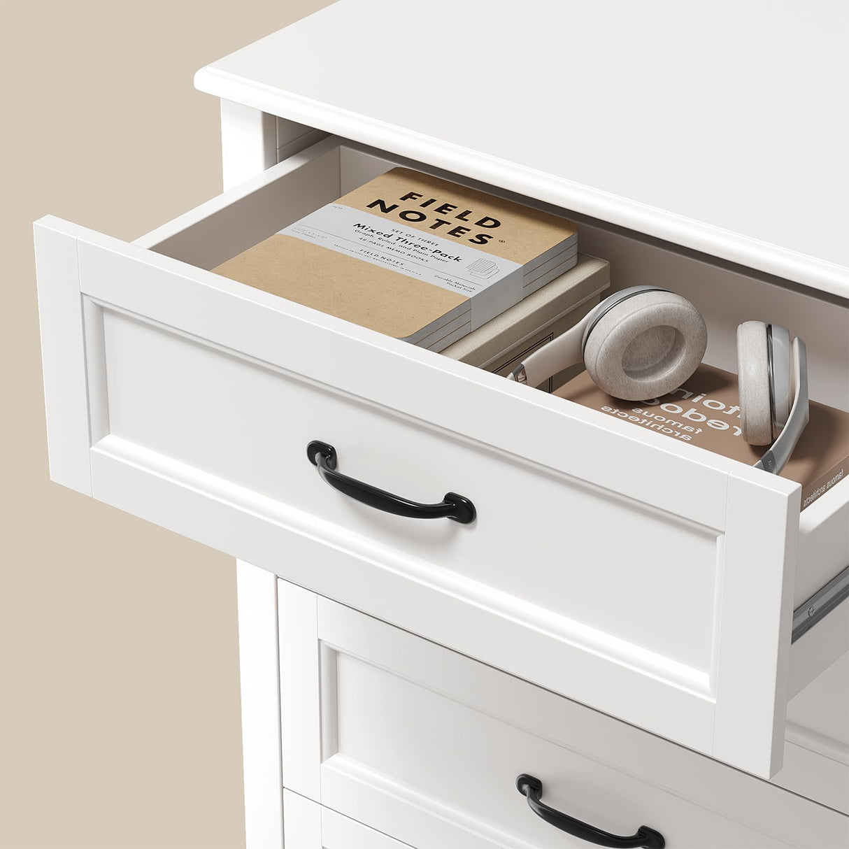 Gizoon 5 Drawer Dresser, White Wood Chest of Drawers for Bedroom, 43.3" Large Capacity Storage Cabinet with Anti-Tip Device, for Clothes, Living Room, Hallway, Office Gizoon