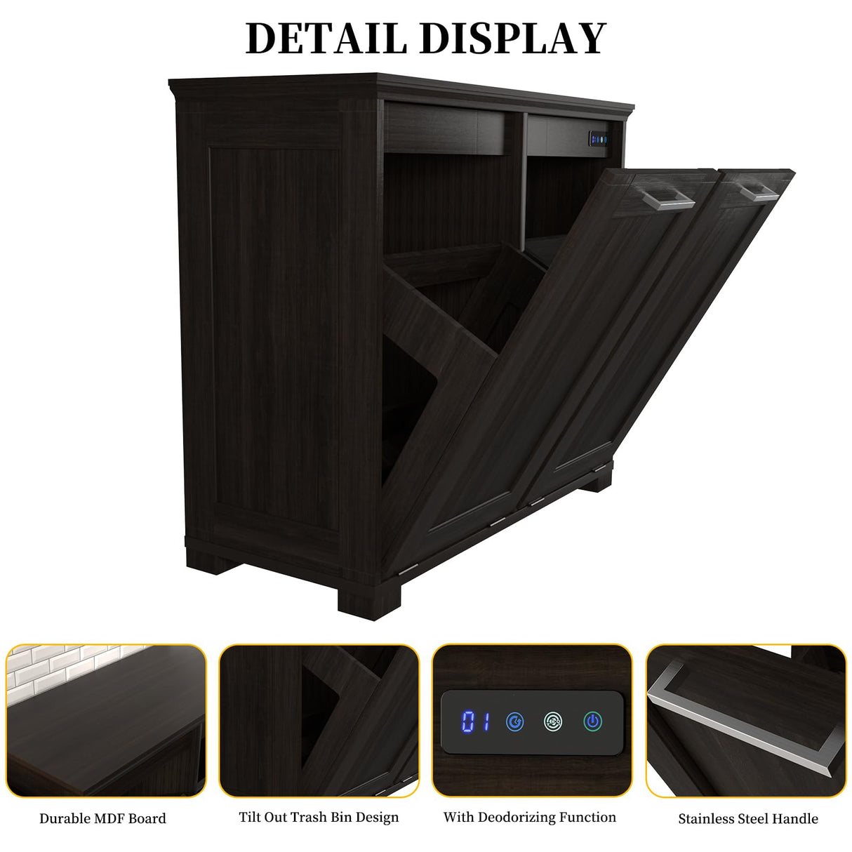 Ymise Tilt Out Trash Can Cabinet, Wooden Trash Cabinet with Deodorising Function, 20 Gallons Freestanding Dog-Proof Garbage Bin Cabinet for Home, Kitchen and Living Room, Dark Brown Ymise