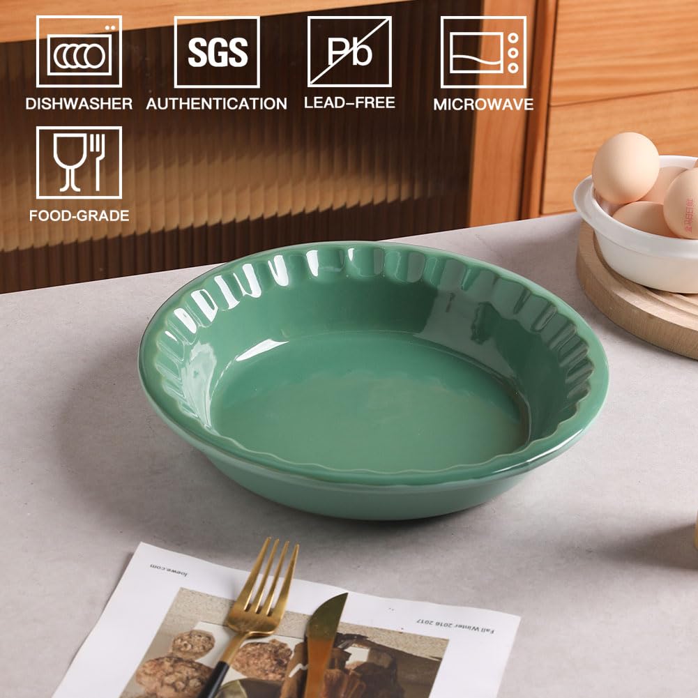 Sweejar Ceramic 10.4 Inches Pie Pan for Baking, Deep and Fluted Porcelain Round Pie Dish, Non-Stick Pie Plate for Pumpkin Pie, Apple Pie, Pie Pots with Morden Farmhouse Design (Green) Sweejar