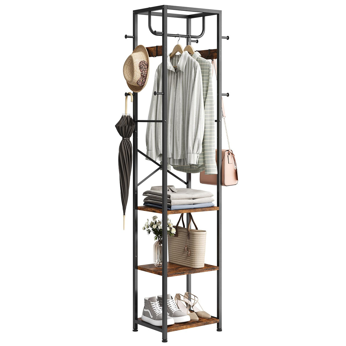 ELYKEN Coat Rack Freestanding, Hall Tree with 3 Storage Shelves and 12 Hooks, Industrial Clothes Rack Stand Organizer for Bedroom, Hallway, Entryway, Office, Living Room, Rustic Brown ELYKEN