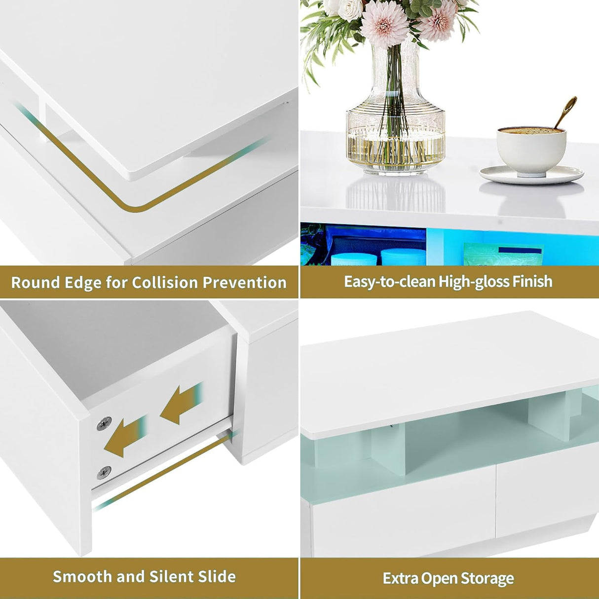 DWVO LED Coffee Table with Storage 4 Drawers, Modern High Glossy Coffee Tables for Living Room, White Rectangle Coffee Table Small Center Table with Open Display Shelf & Sliding Drawers, White DWVO