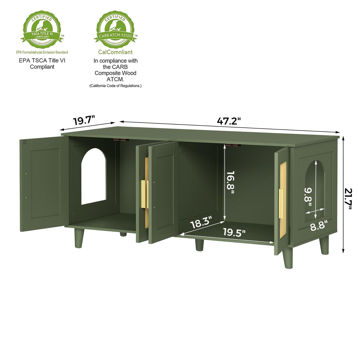 Homhedy Boho Cat Litter Box Enclosure for 2 Cats, Wooden Cat Washroom Furniture with Double Rattan Decorated Doors, Pet House,47.2”L x 19.7”W x 21.7”H, Green Homhedy