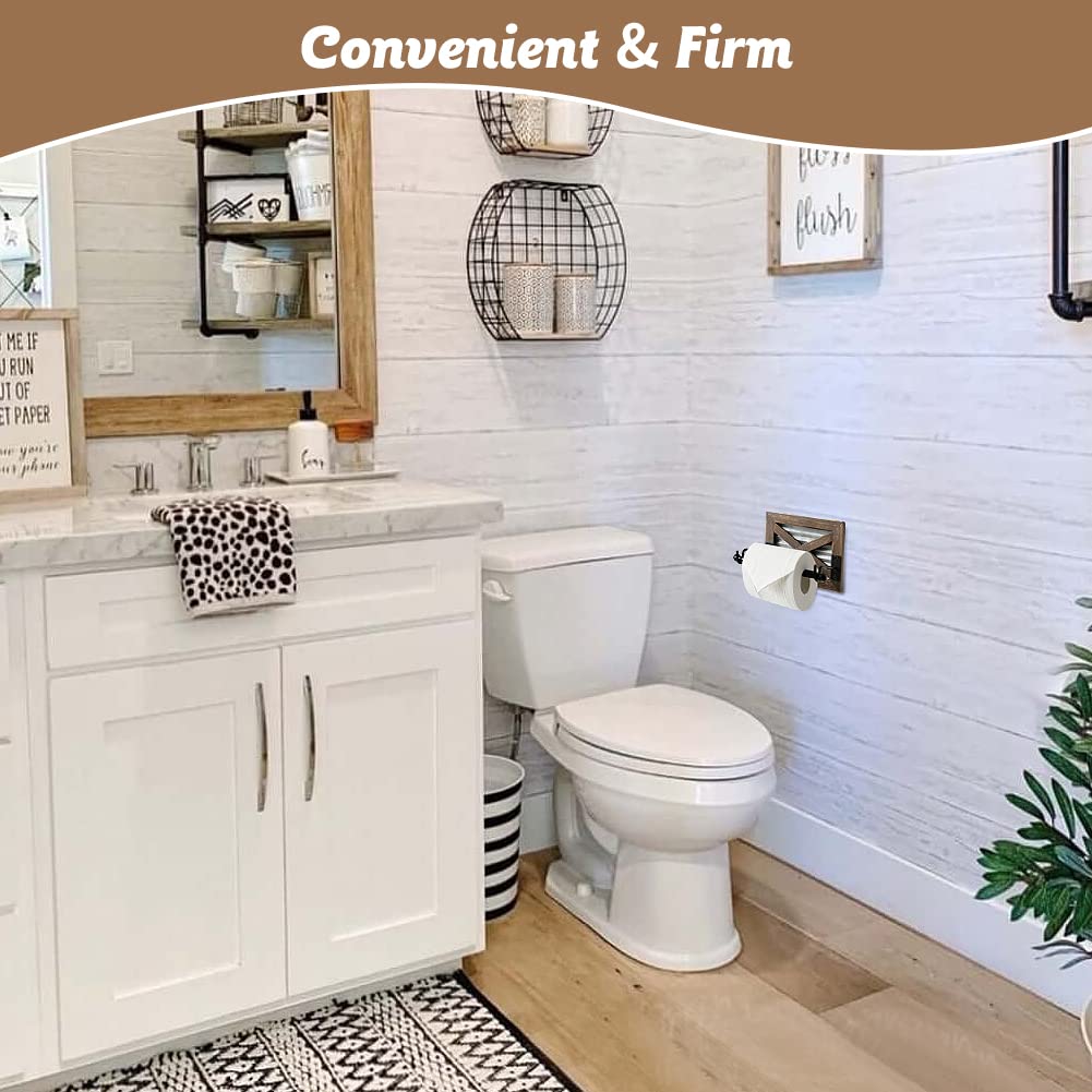 Farmhouse Toilet Paper Holder with Galvanized Metal& Black Metal - Rustic Warm Brown Wood Wall Mount Toilet Roll Holder for Bathroom Decor KULEDM
