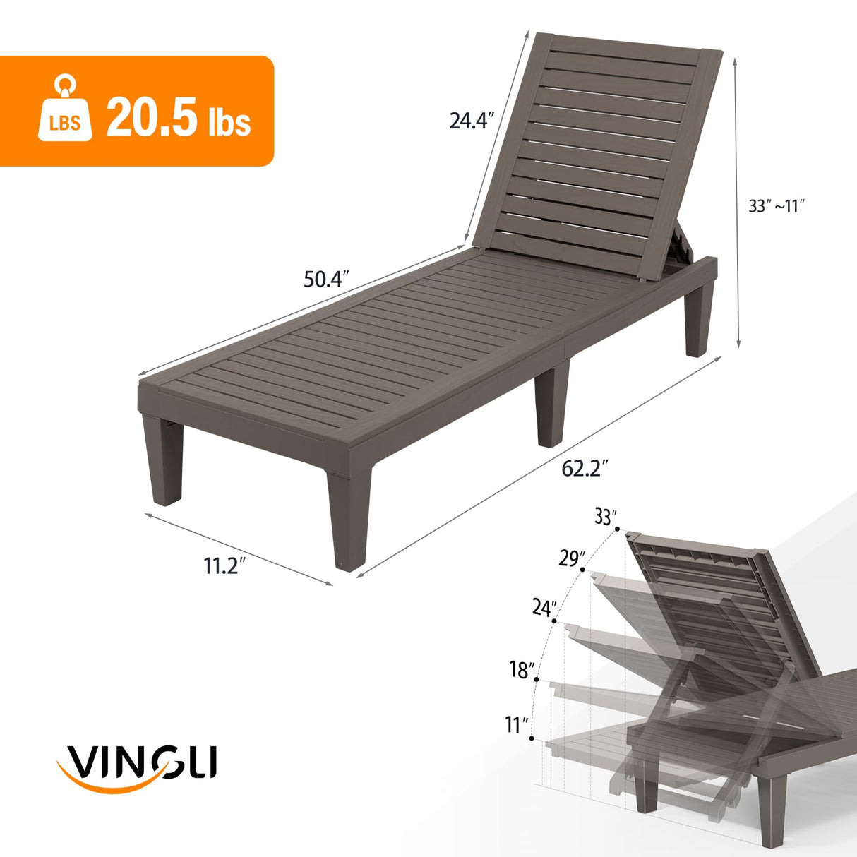 VINGLI Outdoor Chaise Lounge Chair Set of 2, Waterproof Outdoor Lounge Chair with 5-Level Adjustable Backrest, Patio Chaise Lounges for Garden, Pool, Beach Patio Deck Sunbathing (Light Taupe, 2 PCS) VINGLI