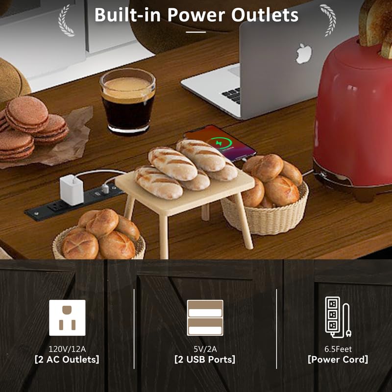 53.5''Farmhouse Kitchen Island with Power Outlet, Kitchen Storage Island with Drop Leaf, Spice Rack and Drawer, Rolling Kitchen Cart on Wheels, for Home, Kitchen and Dining Room, Black HomeGearTech