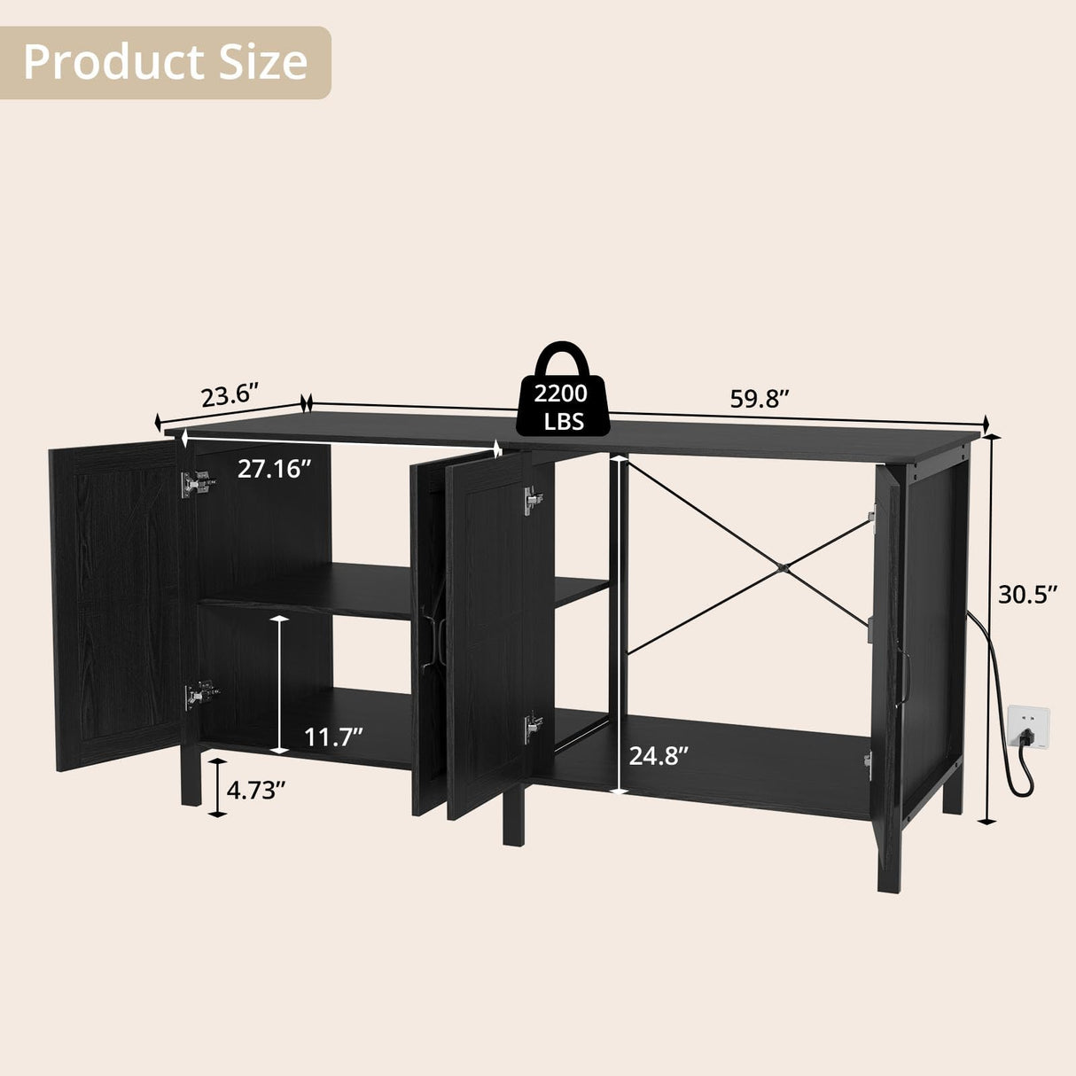 VOWNER 100-150 Gallon Fish Tank Stand with Power Outlet, Heavy Duty Aquarium Stand with Cabinet Storage for Fish Tank, Turtle Tank, Reptile Terrarium, 60" L*23.6" W Tabletop, 2200 LBS Capacity, Black VOWNER