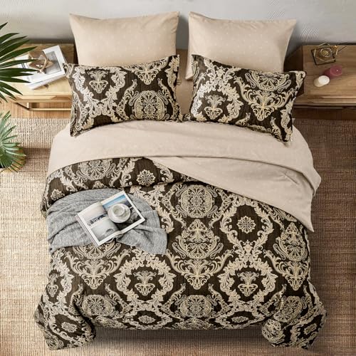 WONGS BEDDING 7 Pieces Comforter Set Queen Size,Damask Texture Design Bed in a Bag Bedding Sets,Brown Soft Lightweight Microfiber Bedding Set for All Season WONGS BEDDING