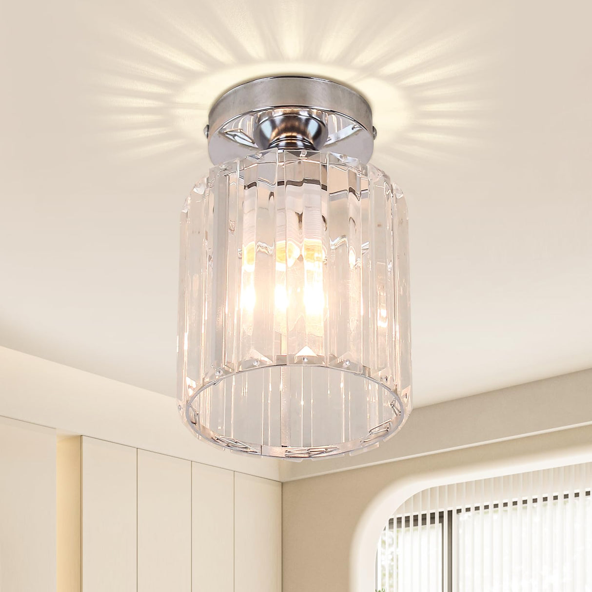 FRIXCHUR Small Chandelier Crystal Ceiling Light Semi Flush Mount Ceiling Lighting Fixture Modern Crystal Ceiling Light for Hallway Kitchen Island Dining Room Bedroom E26 Base Chrome FRIXCHUR
