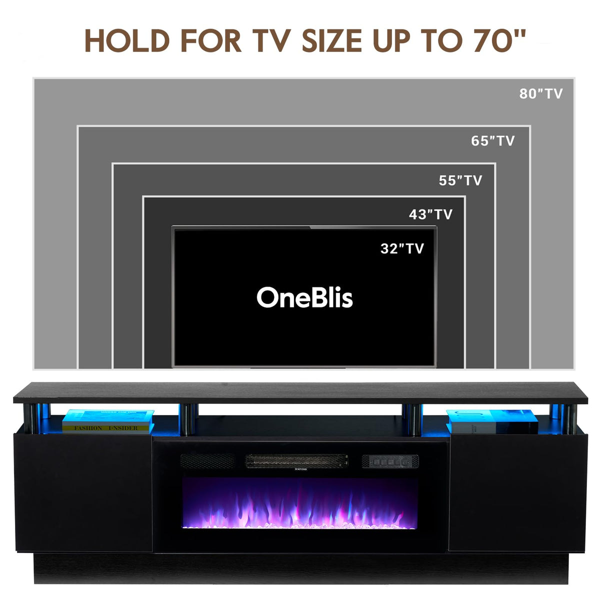 OneBlis 70" TV Stand for Living Room, Modern Entertainment Center & Media Console, Fits TVs up to 80", Storage Cabinet with Shelves, 36" Electric Fireplace with LED Flame (All Black) OneBlis
