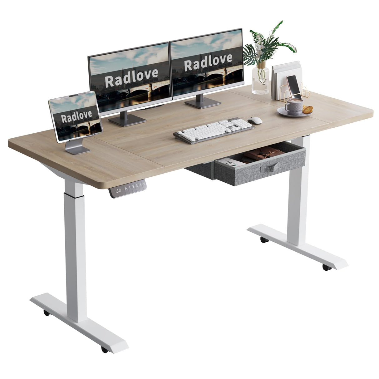 Radlove Dual Motors Height Adjustable 63 x 30'' Electric Standing Desk with Drawer Stand Up Table 4 Memory Keys, Computer Desk with Splice Board Home Office Desk, Oak Top + White Frame Radlove