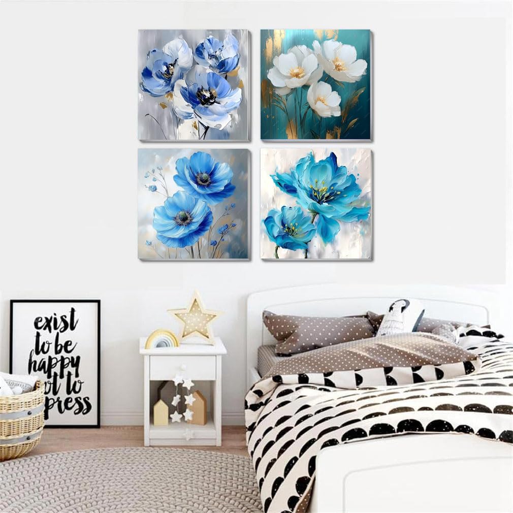 4 Pack Flowers Paint by Number for Adults Kids Framed, Easy Acrylic Adults Paint by Numbers Kits on Canvas with Paints and Brushes, Small Flowers Arts and Crafts Kits for Home Wall Decor (8 x 8 Inch) Fotasmua