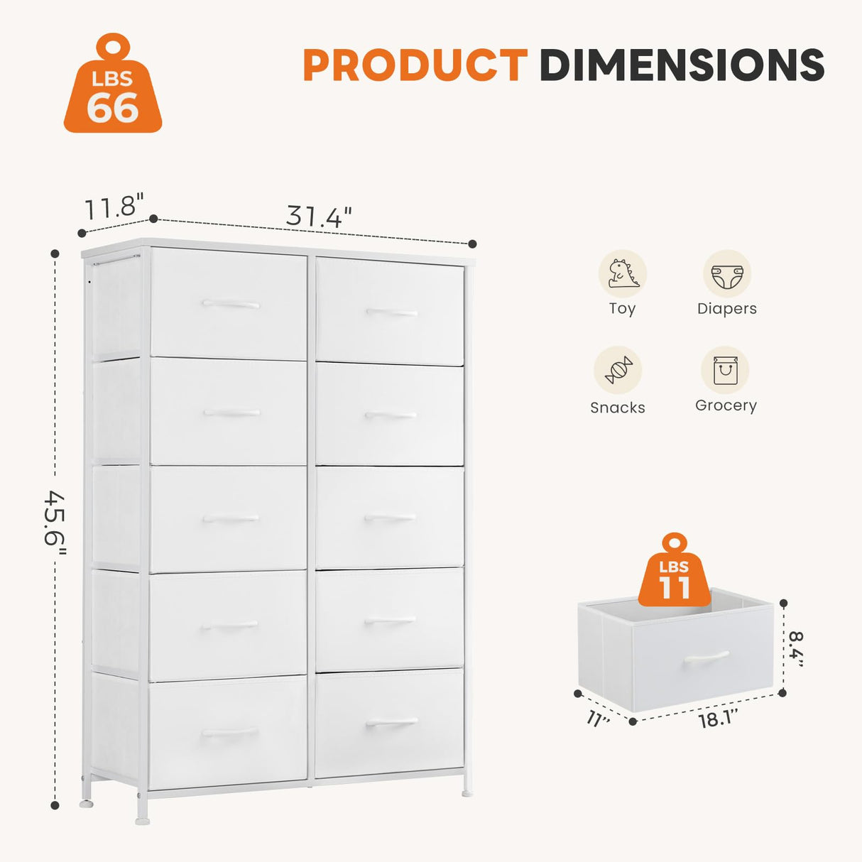 Sweetcrispy 10 Drawer Fabric Dresser Storage Tower with Bins, Tall Chest Organizer for Bedroom Closet Hallway, Steel Frame Wood Top Easy Pull Handles,White Sweetcrispy