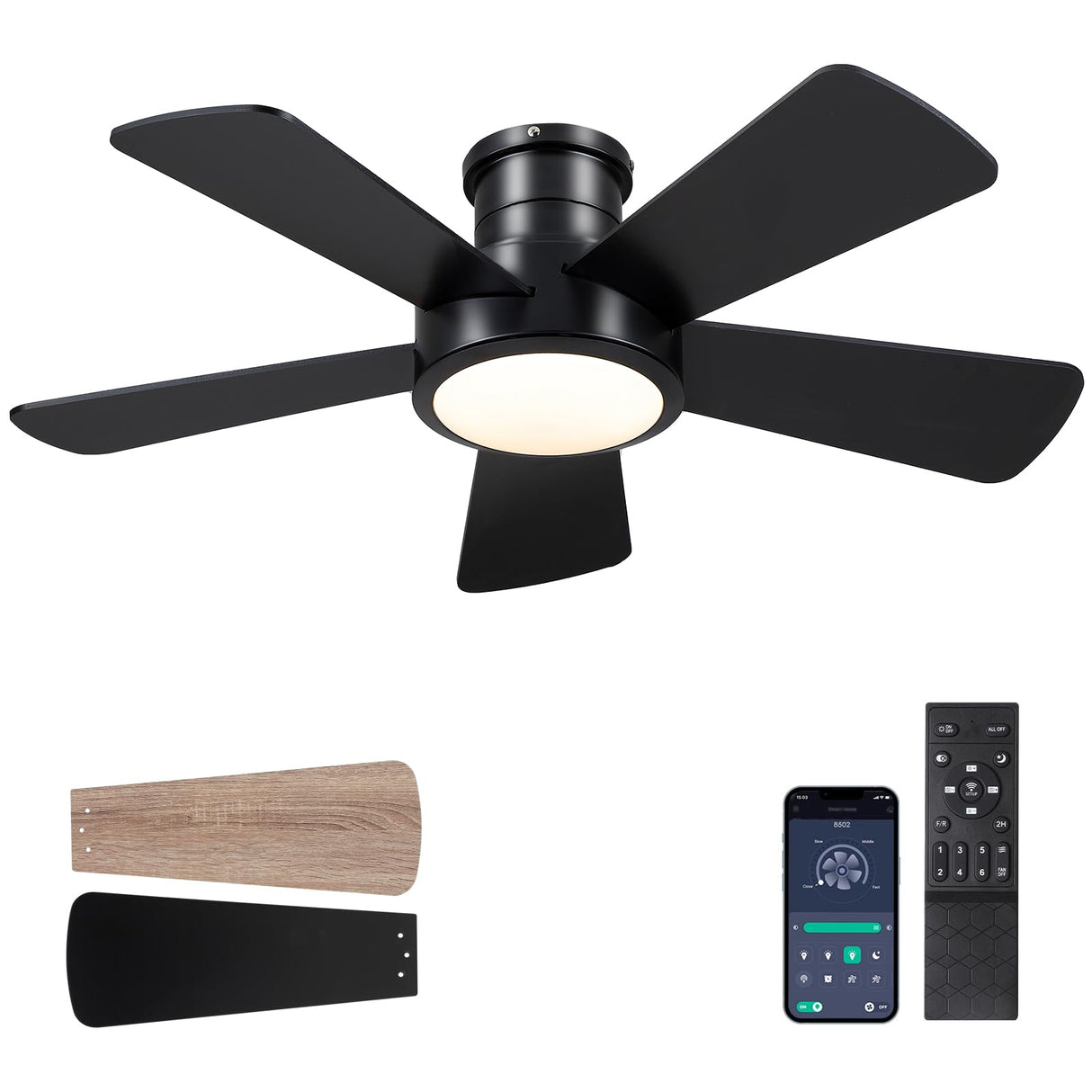 Ceiling Fans with Lights,Modern Low Profile Ceiling Fan with Remote Control,5 Dual-Sided Blades,Reversible DC Motor,40" Black Small Flush Mount Ceiling Fan for Bedroom Indoor/Outdoor Use Hounberi