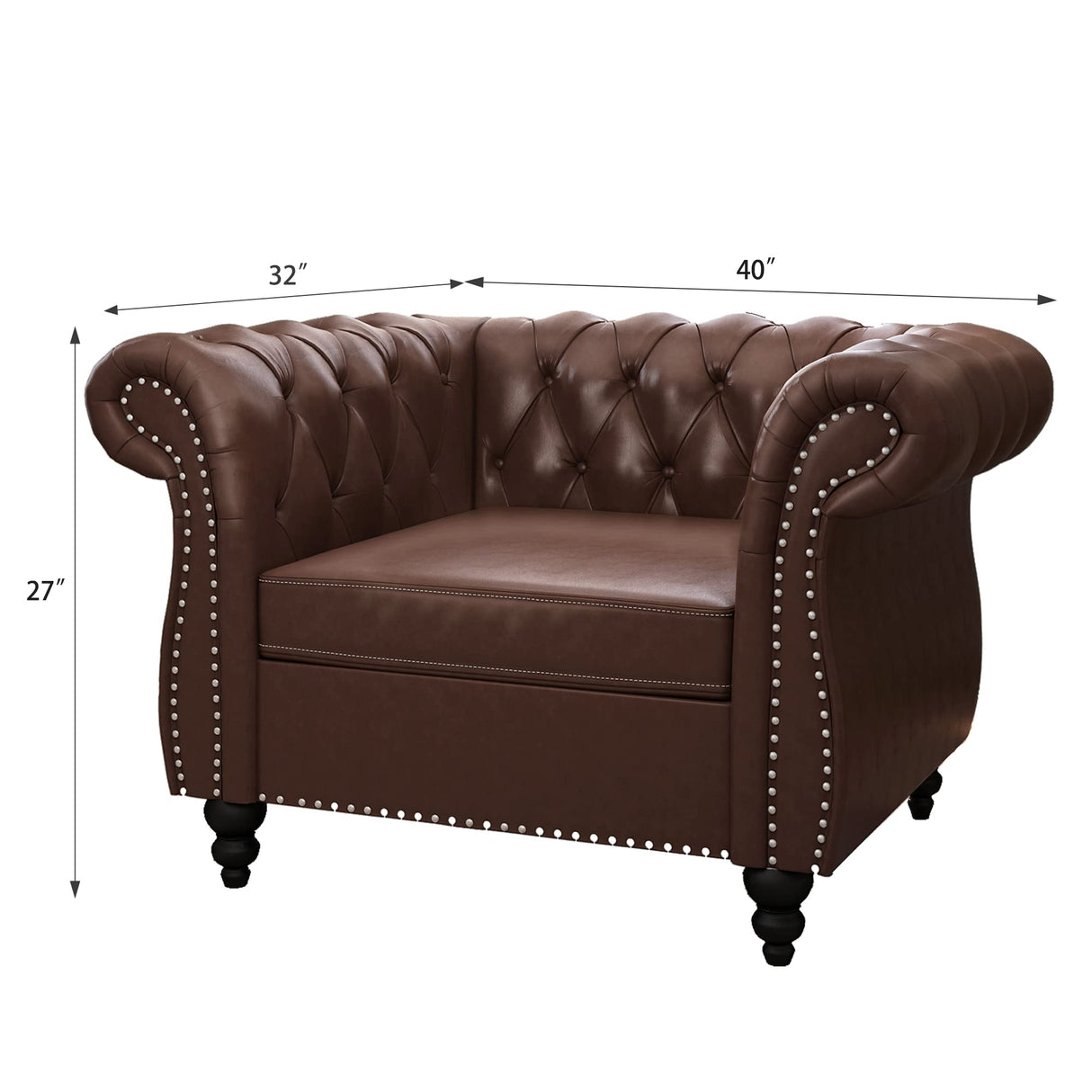 3 Piece Living Room Set, Chesterfield Leather Sofa Loveseat Couch Chair with Scroll Arms and Nailhead for Living Room, Office (Dark Brown) ORRD