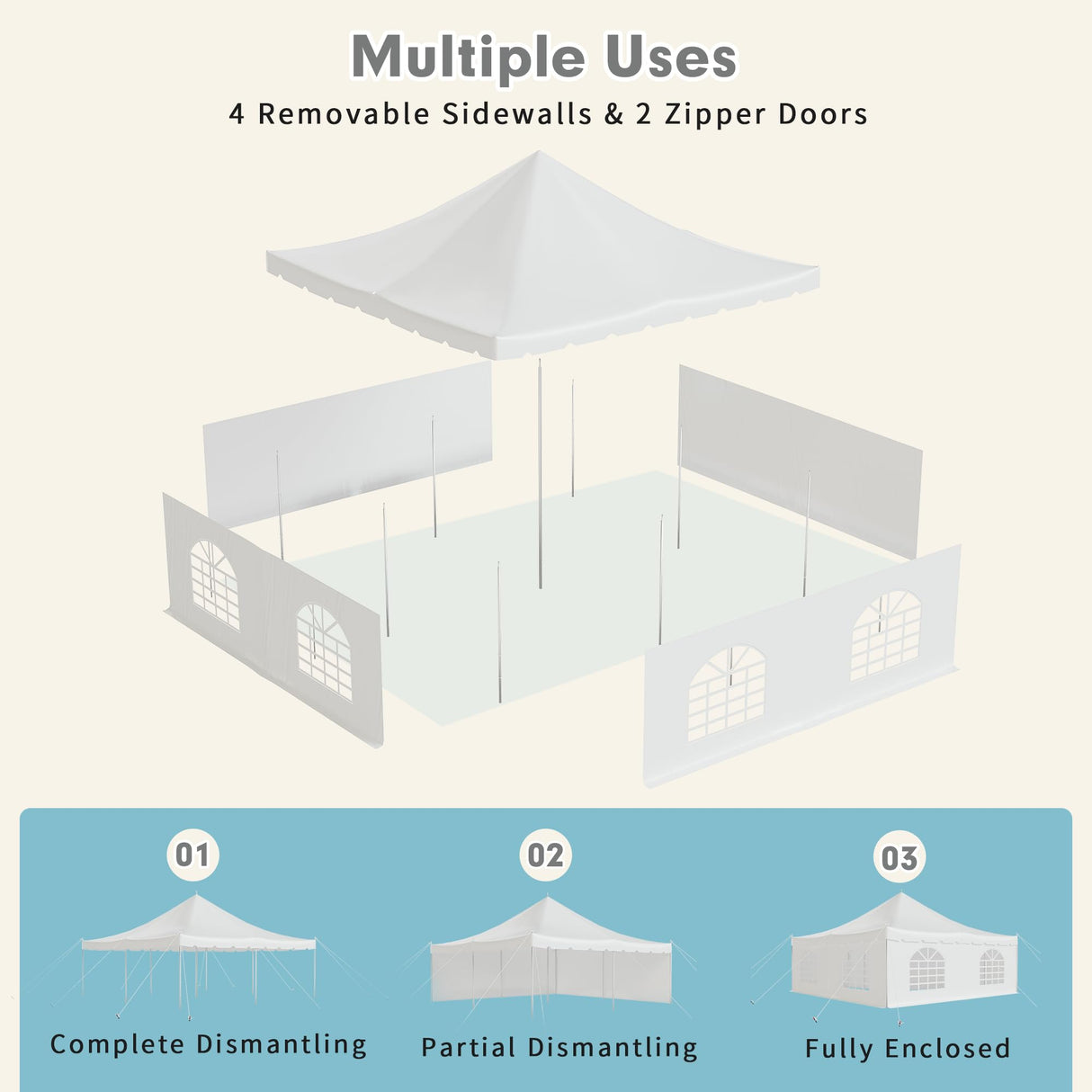 EROMMY 20x20ft Pole Party Tent, Weekend Canopy Heavy Duty with Sidewalls, 2 Doors, Carry Bags, PVC Fire Retardant Outdoor Canopies for 62 People, Large Tents for Parties, Events, Weddings, White EROMMY