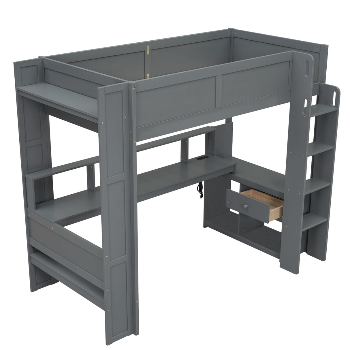 Twin Size Loft Bed - Wooden Gaming Loft Bed with Desk, Storage Shelves, Cabinets, Drawer, LED & Charging Station, Heavy Duty Bed Frame with Safety Guardrails for Bedroom Dormitory Guest Room, Grey Ibraccieni