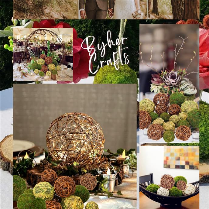 BYHER Decorative Balls for Centerpiece Bowls, 18pcs Fake Moss Balls + Wicker Rattan Balls Set Vase Bowl Filler for Home Garden Wedding Party Decor (Fresh Green + Rustic Brown) BYHER